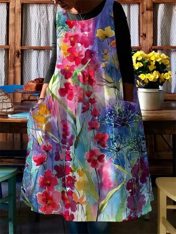 Casual Floral Oil Painting With Pocket Print Dress