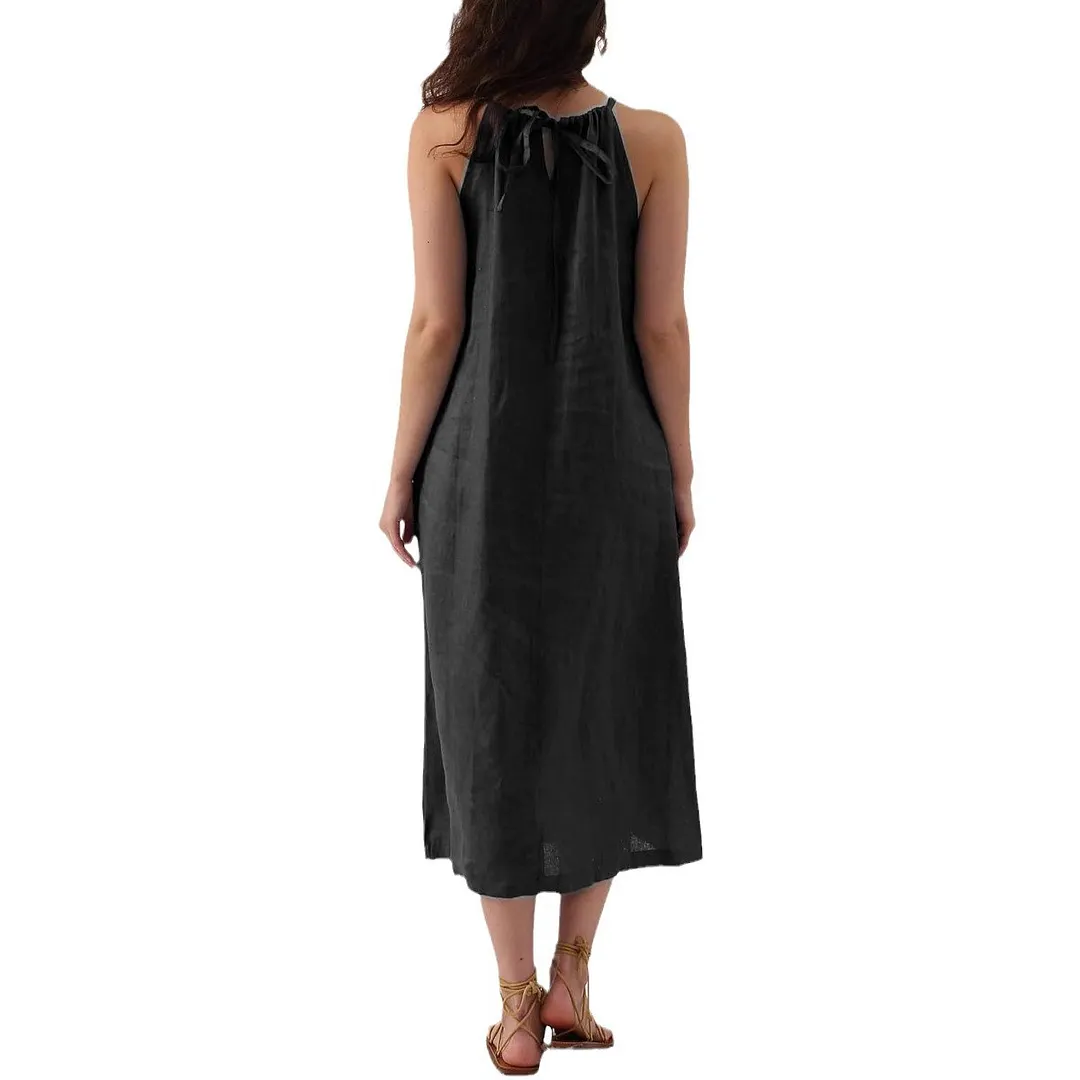 Women's Linen Blend Halter Neck Maxi Dress