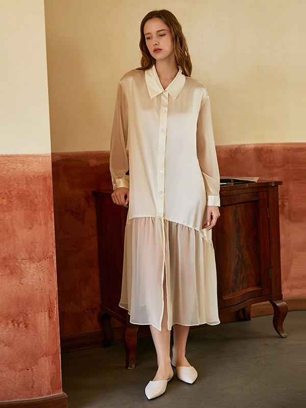 Pure Color Luxury Silk Long Nightgown With Long Sleeves