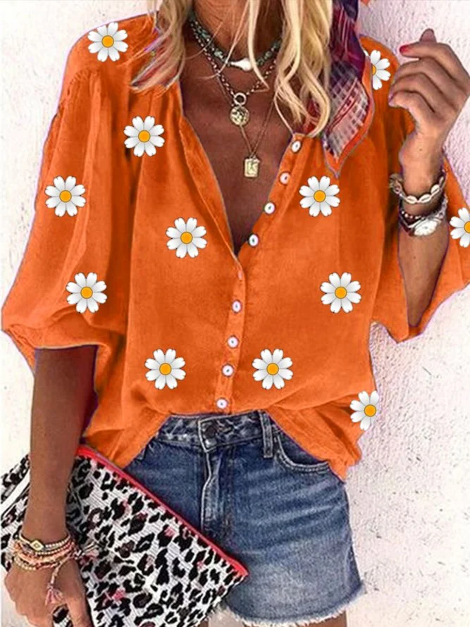 Women's - Casual Daisy Loose V neck Three Quarter Peasant Blouse