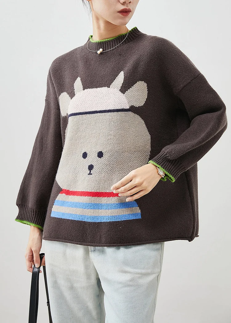 Beautiful Brown Oversized Cartoon Print Knit Sweaters Winter