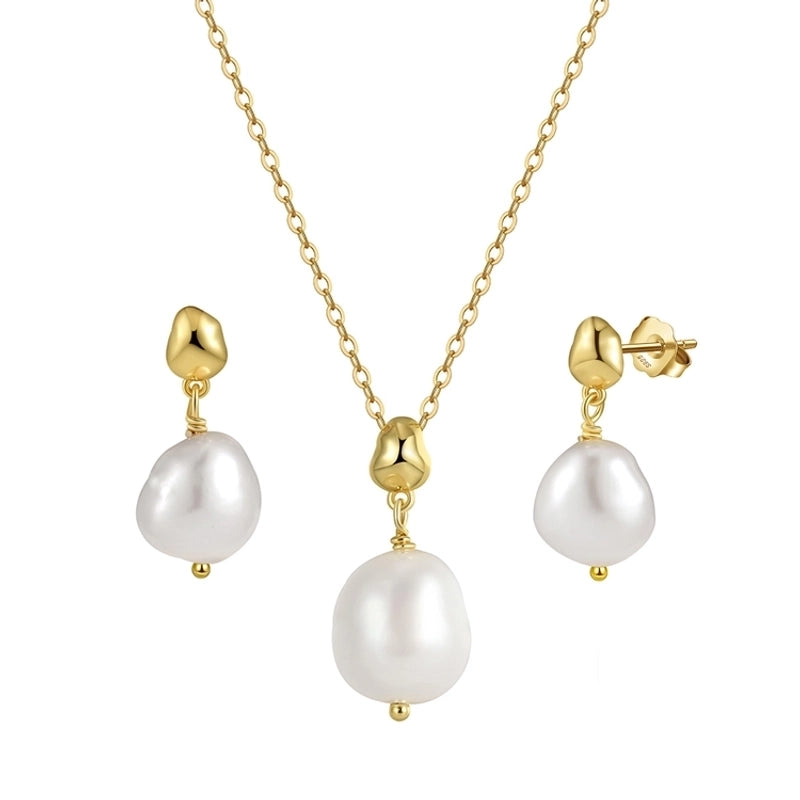SS10 Luxury Pearl Jewelry Set 925 Sterling Silver 14K Gold Plated Chain Cultured Freshwater Pearl Earring Necklace Set For Women