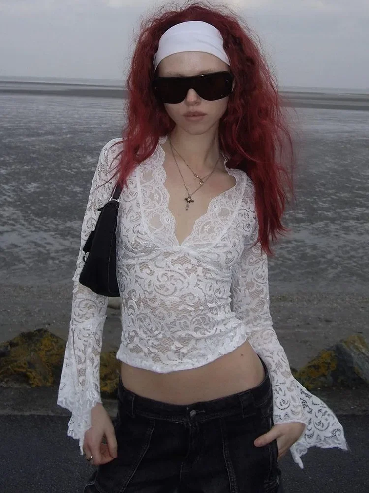 Women Sexy See Through Deep V Neck Flared Long Sleeve Aesthetic Lace T-Shirt 