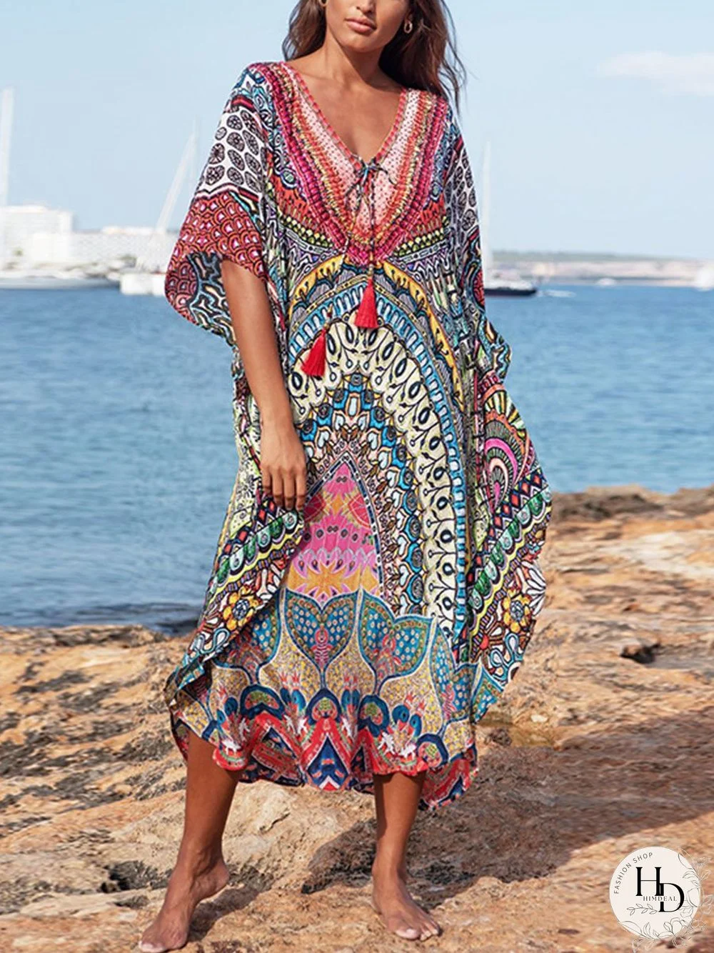 Women's Maxi Dresses Drawstring Shift Tribal Half Sleeve V Neck Boho Beach Maxi Dress P16418