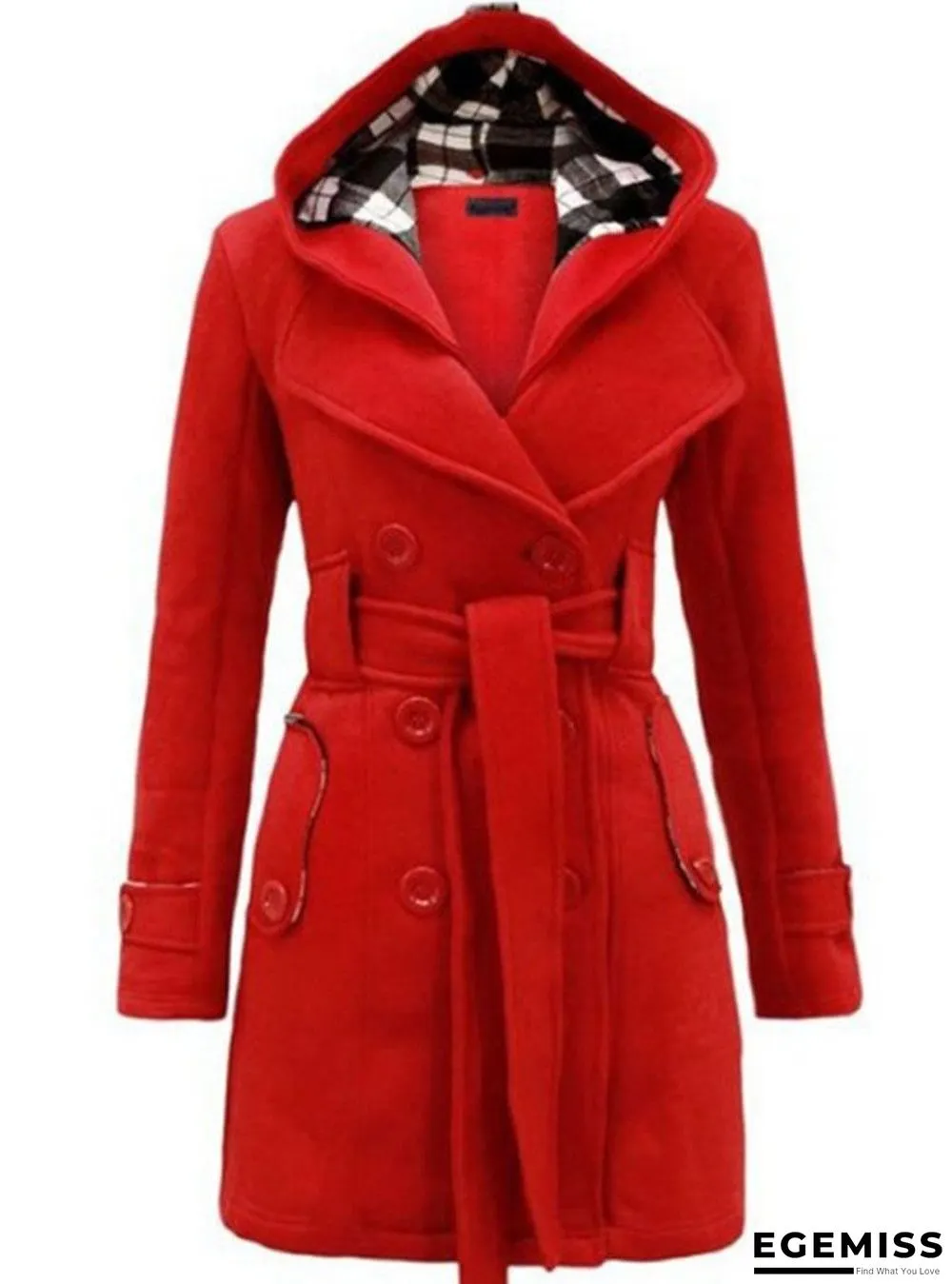 Checked Hooded Woolen Coat With Long Belt | EGEMISS