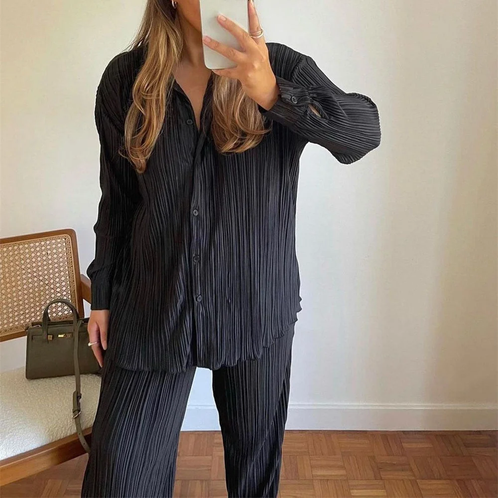 Back to School Summer Casual Tracksuits Trousers 2 Piece Sets  Summer Beach Pleated Long Sleeve Shirt Straight Long Pants Drape Suits