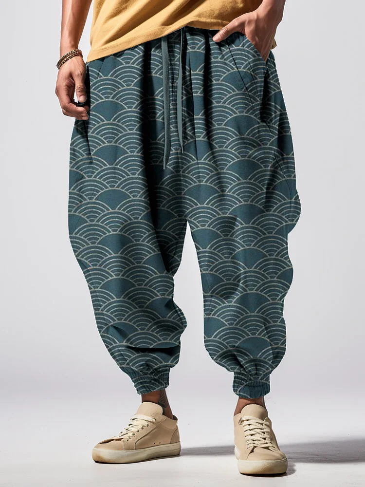 Men's Wave Art Print Casual Loose Sweatpants