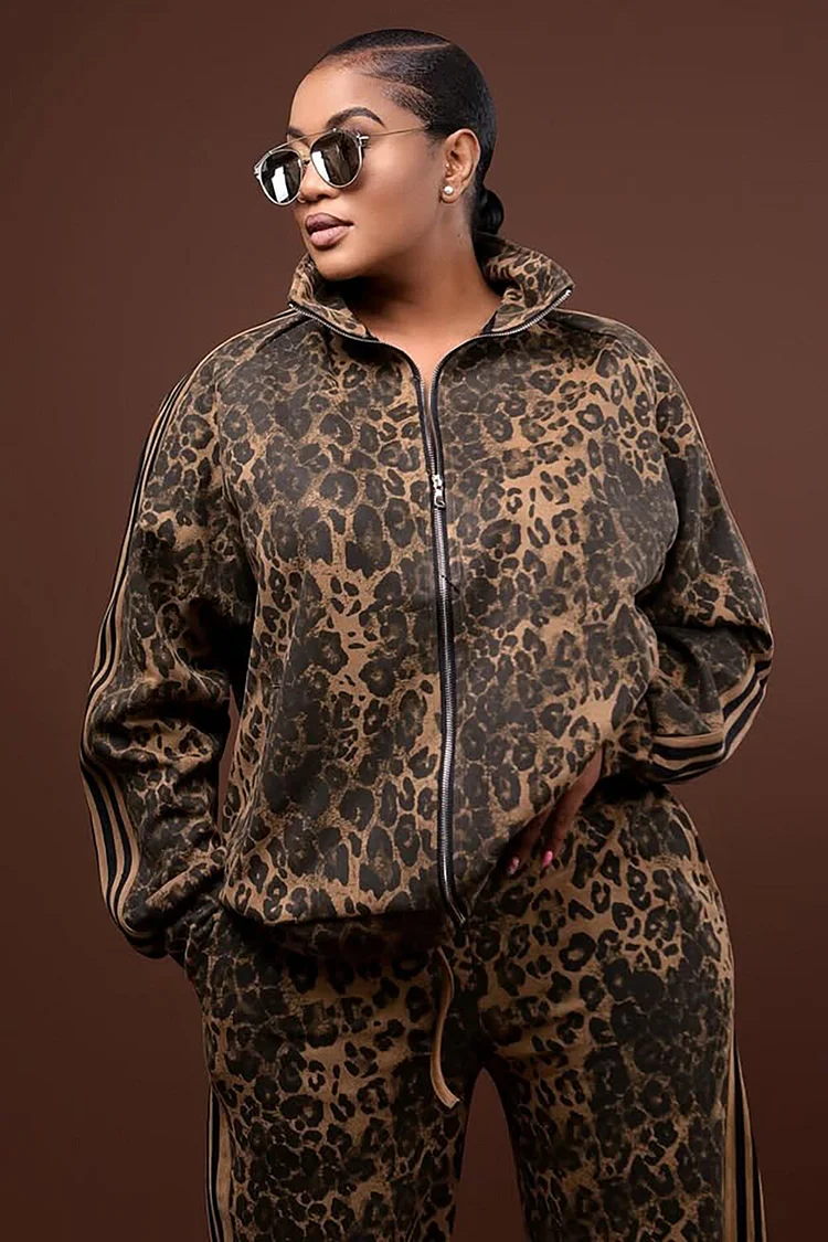 Leopard Print Striped Track Jacket Pants Matching Set-Brown