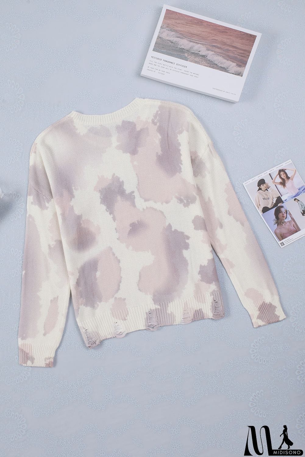 MidiSono - Beige Stain Washed Tie Dye Sweater