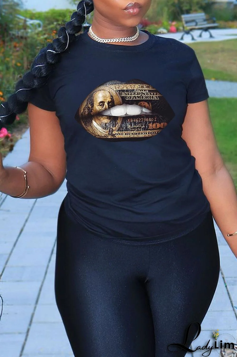 Black Fashion Street Lips Printed Patchwork O Neck T-Shirts