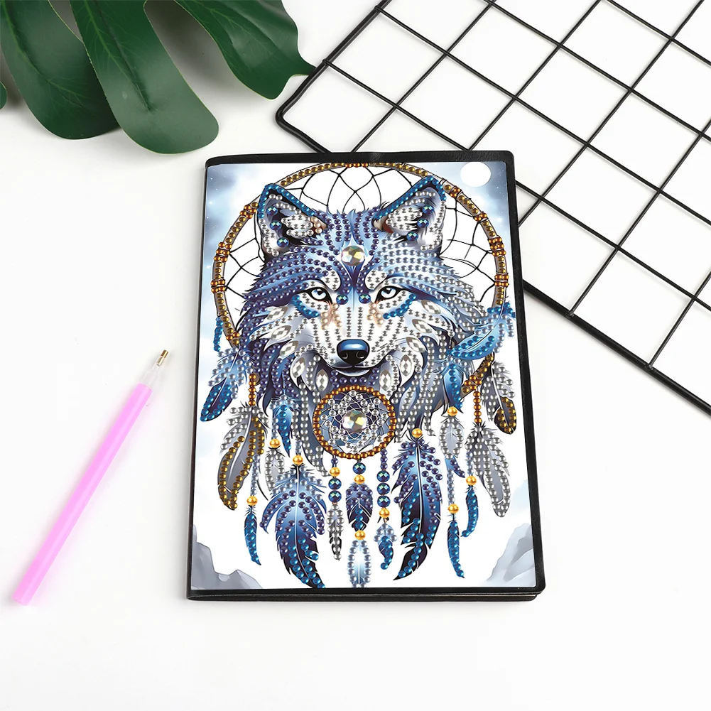 Animal Diamond Painting Notebook DIY Diamond Art Diary Book(Dreamcatcher Wolf B)