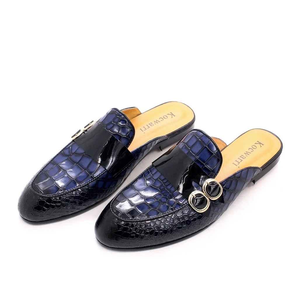 Leather Men Half Shoes Black Pointed Toe Flat Handmade Crocodile Pattern Double Button Cushion Comfortable Casual Men&#39;s Shoes