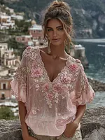 Retro Bohemian Floral With Lace Pattern Women's Short-sleeve Top