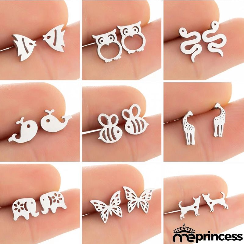 Women Fashion Hollow Eagle Owl Snake Dolphin Bee Giraffe Elephant Dog Cat Rabbit Fish Bird Penguim Stainless Steel Stud Earrings