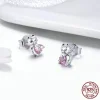 925 Sterling Silver Cat Pussy Pink Cubic Zircon Small Stud Earrings