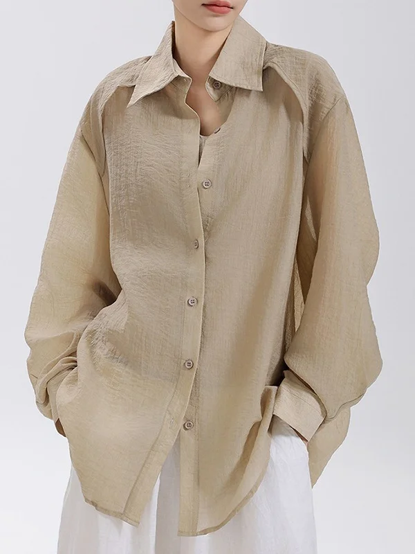 Loose Puff Sleeves See-Through Solid Color Split-Joint Sun Protection Lapel Blouses