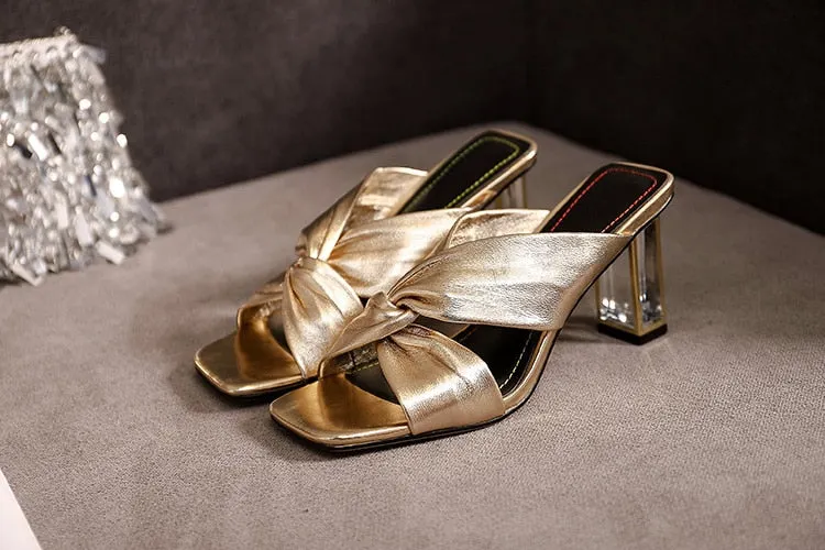 Gold Metallic Leather Knot Sandals Chunky High Heel Open Toe Mule Sandals 9CM Designer Shoes Summer Woman Size 41 Block Heel