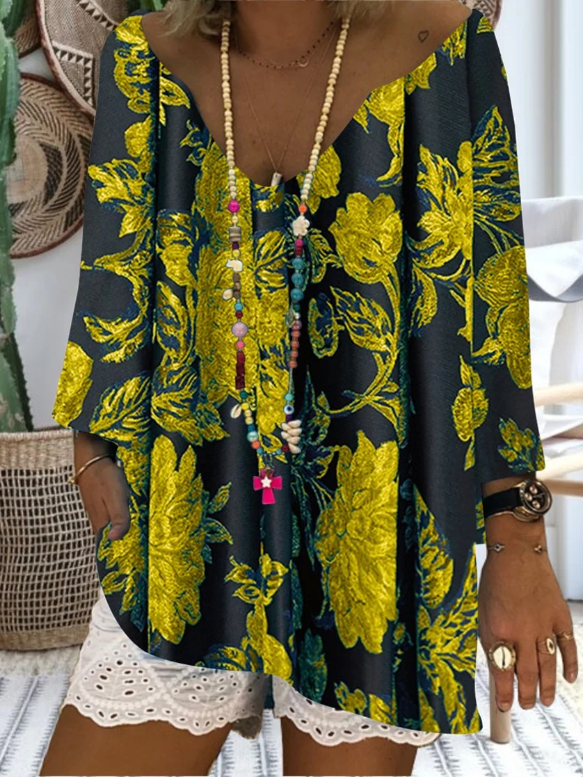 Women Half Sleeve V-neck Solid Color Dress