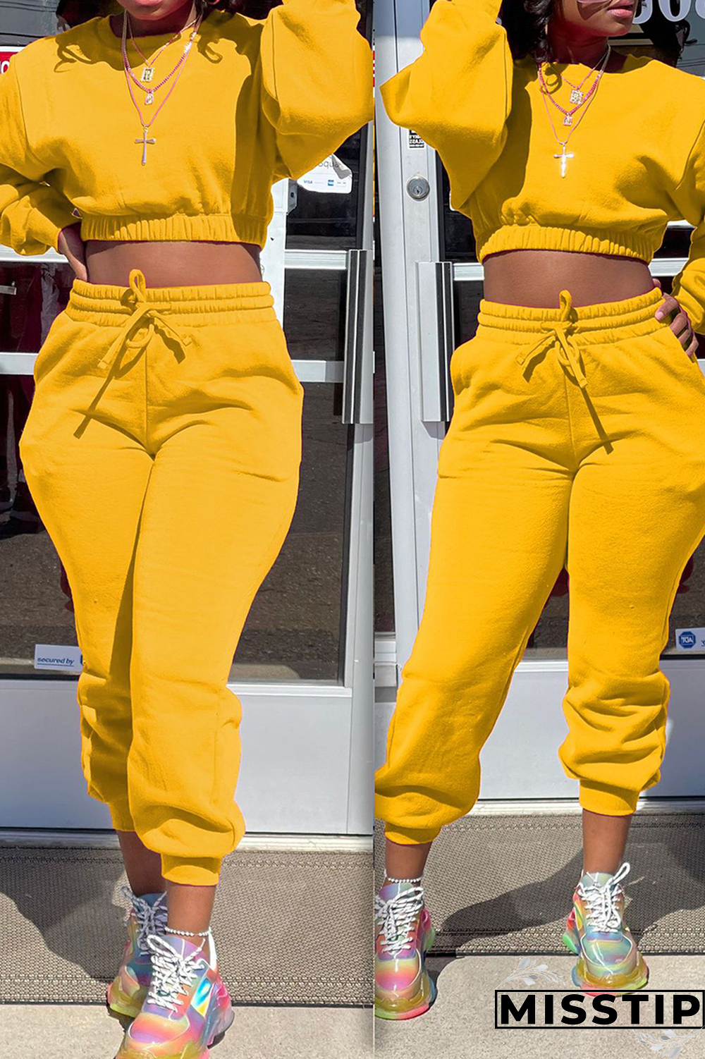 Yellow Street Solid Patchwork O Neck Long Sleeve Two Pieces