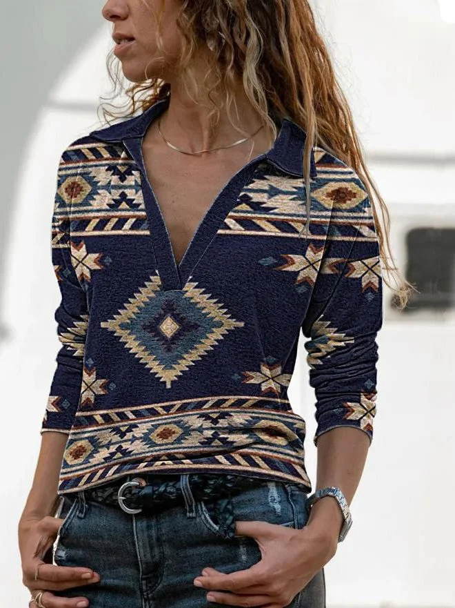 Women plus size clothing Aztec Geometric Women's Long Sleeve V-neck Printed Tops-Nordswear