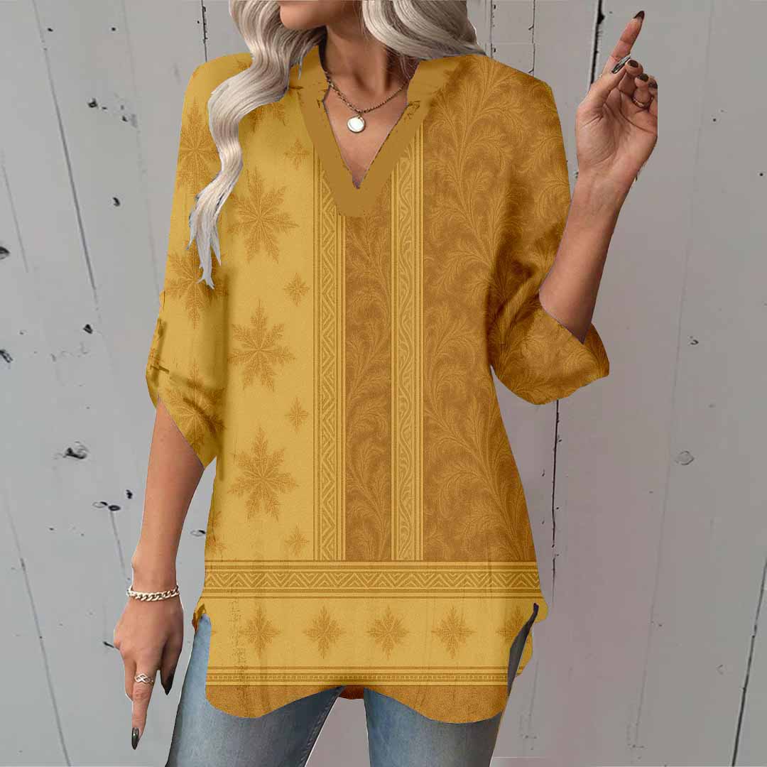 Women Bohemian,Khaki DZGA0286 3/4 Sleeve V-neck Printed Graphic Button Tops