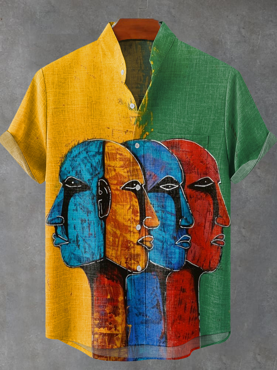 Vintage Abstract Colorful African Tribal Mask Painting Art Print Casual 100% Cotton Shirt