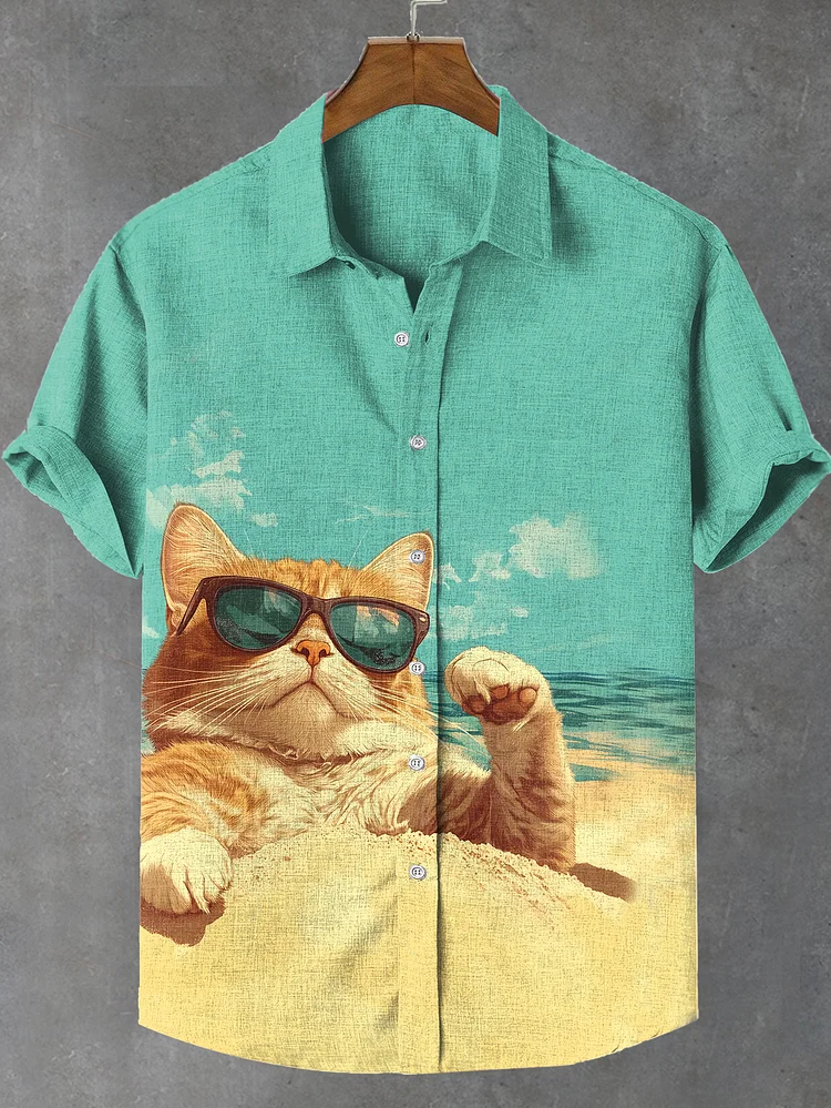 Men's Sunglasses Cat Beach Chilling Print Casual Shirt