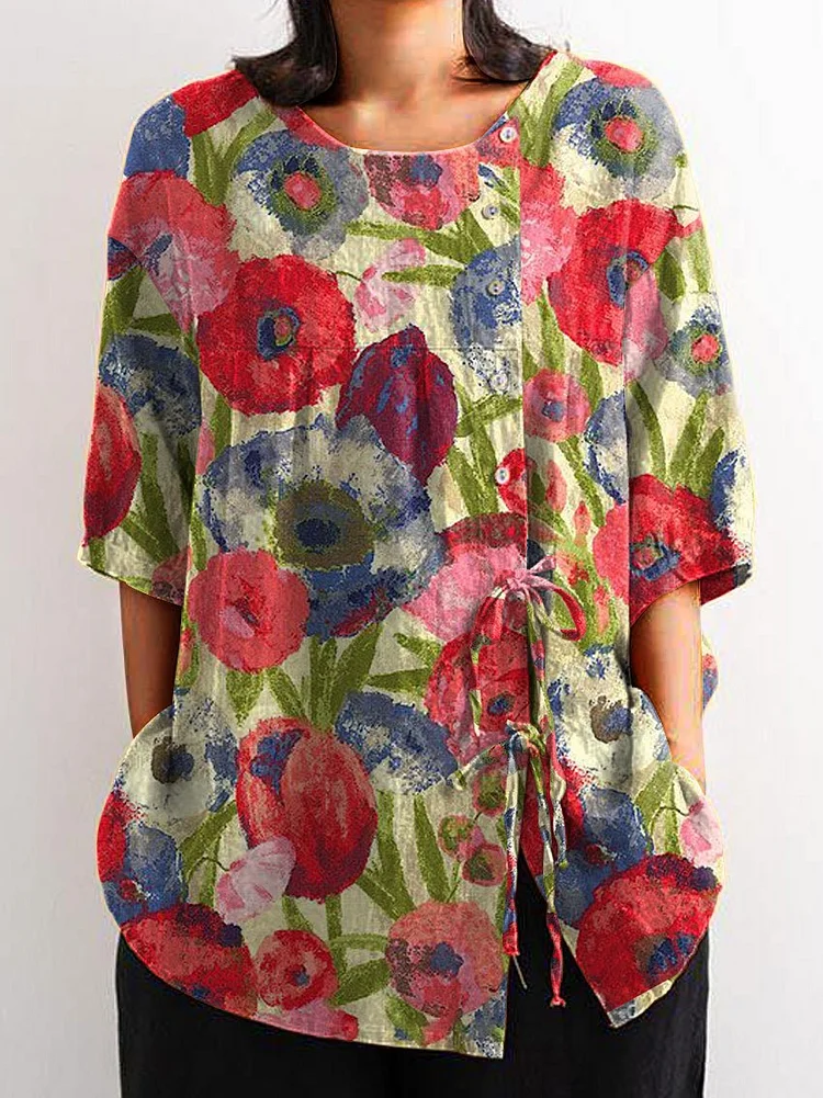 Women's Flower Print Casual Cotton And Linen Shirt