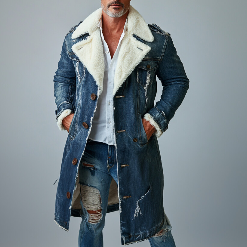 Men's Fashion Lapel Collar Single Breasted Pocket Fleece-Lined Ripped Denim Overcoat