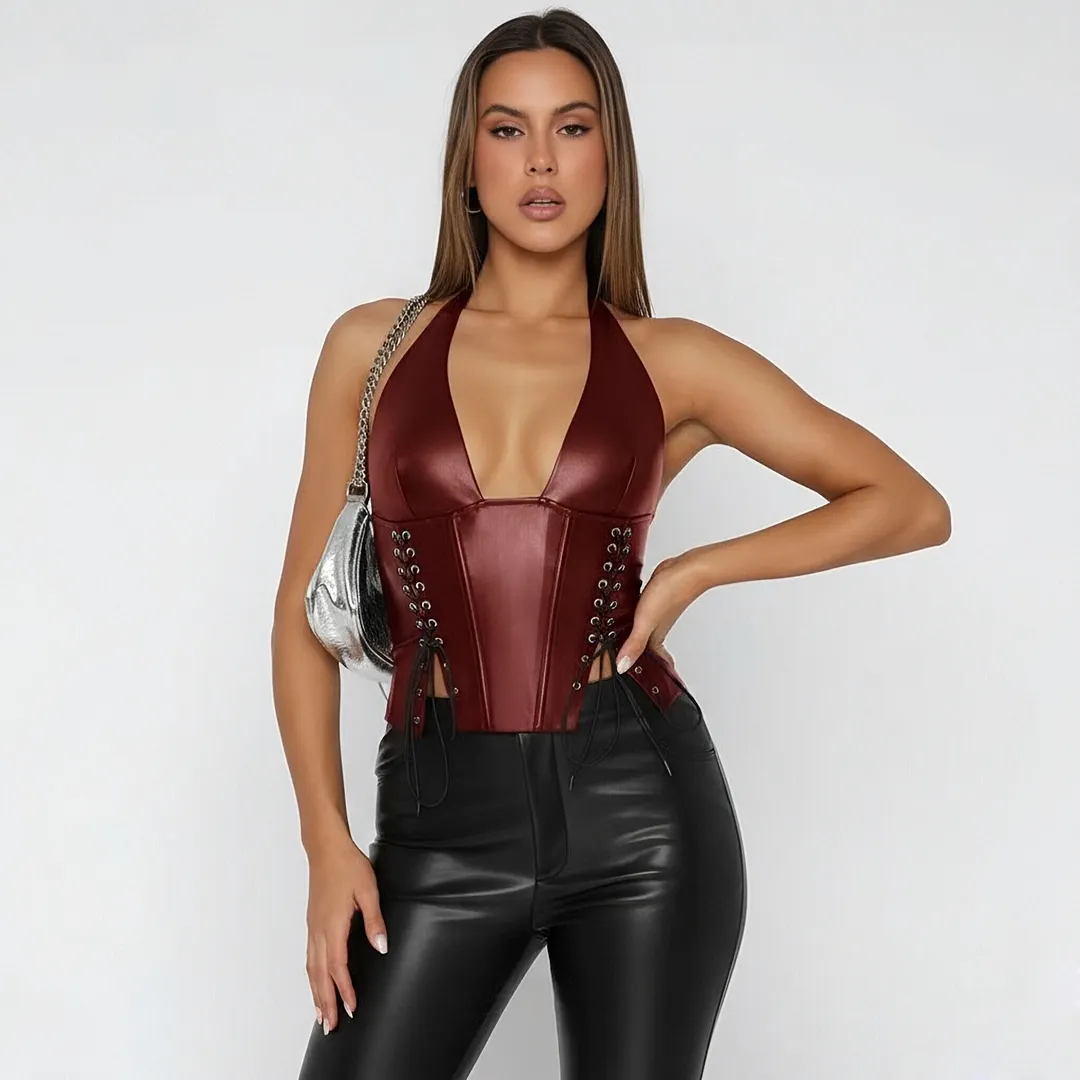 Women's Faux Leather Halter Corset Top