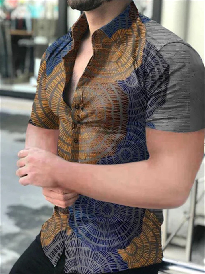 Summer Men's Polyester Casual Printing Short-sleeved Shirt Collar Cardigan Shirt-JRSEE