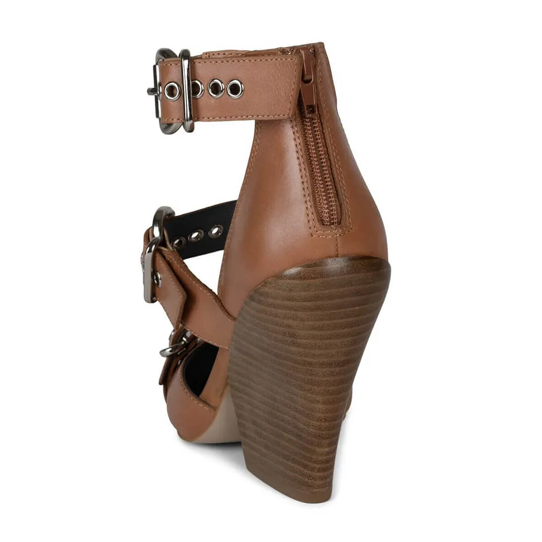 Brown Square Toe Grommets Strap Buckle Chunky High Heels Shoes