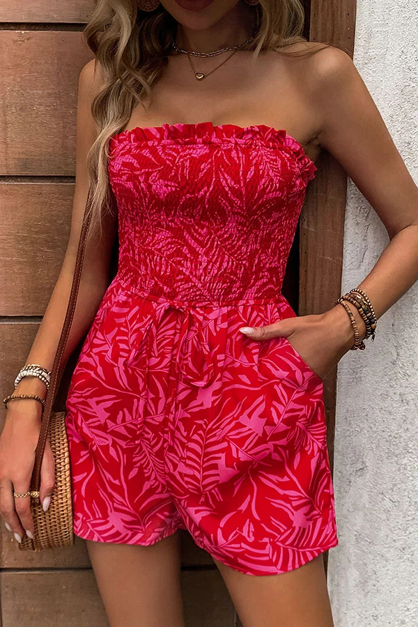 Plant Print Tube Top Lace-up Pleated Casual Rompers