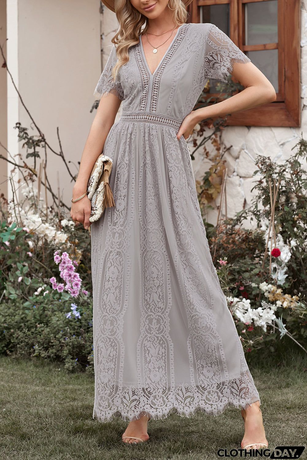 Gray Fill Your Heart Lace Maxi Party Dress
