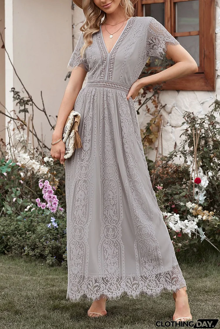 Gray Fill Your Heart Lace Maxi Party Dress