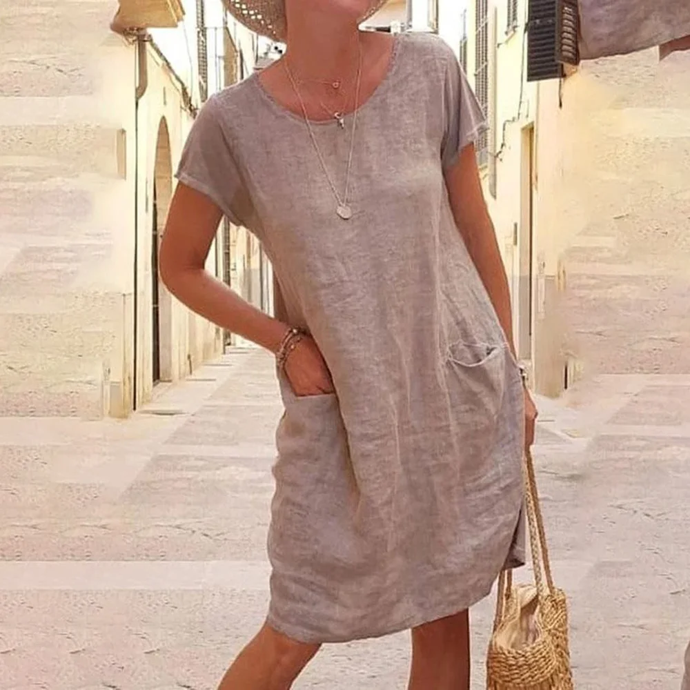 Smiledeer Summer women's round neck short-sleeved cotton and linen dress