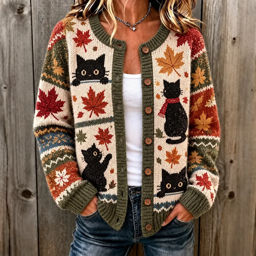 Comstylish Women's Maple Leaf Black Cat Color Block Print Crew Neck Cardigan