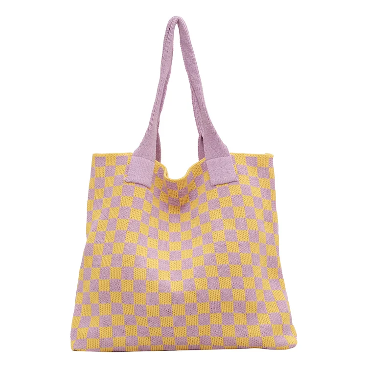 Women Checkerboard Crochet Purse Checkered Crochet Bag for Travel (Pink)
