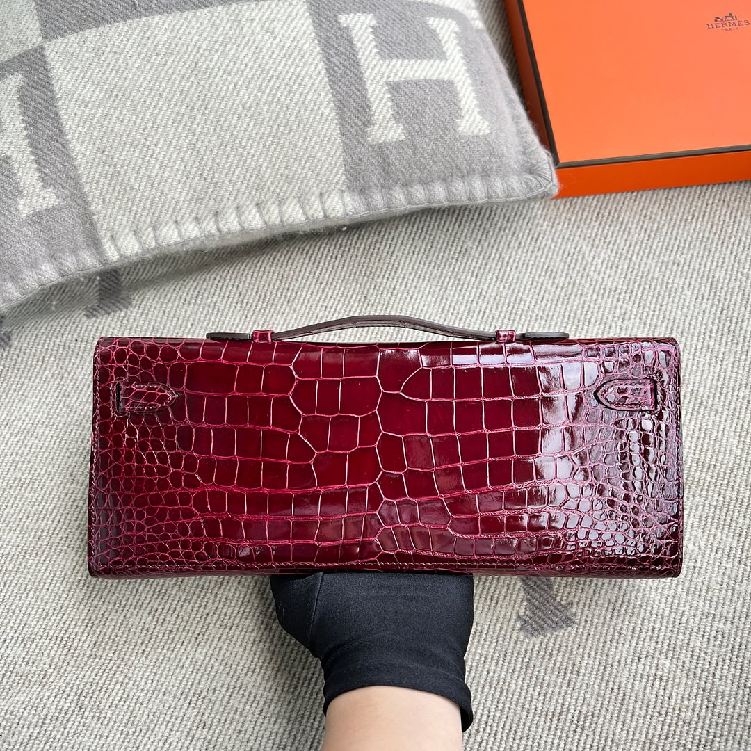 Kelly cut Shiny Porosus Crocodile 57 Bordeaux Red GHW