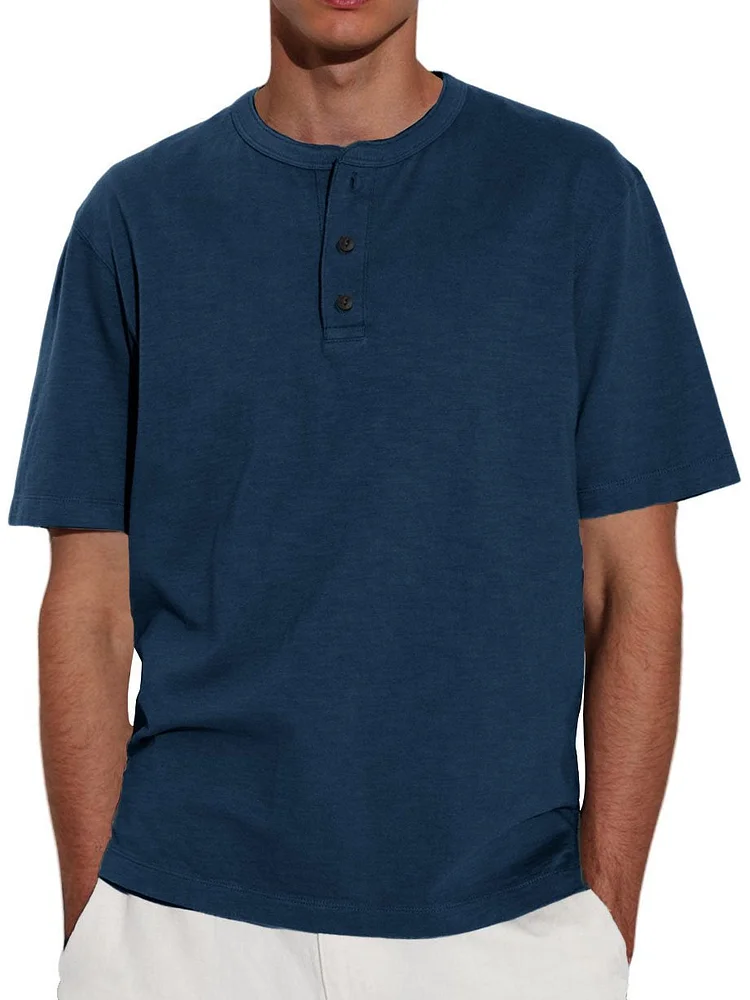 Men's Solid Color Short Sleeve Crew Neck Henley Shirt