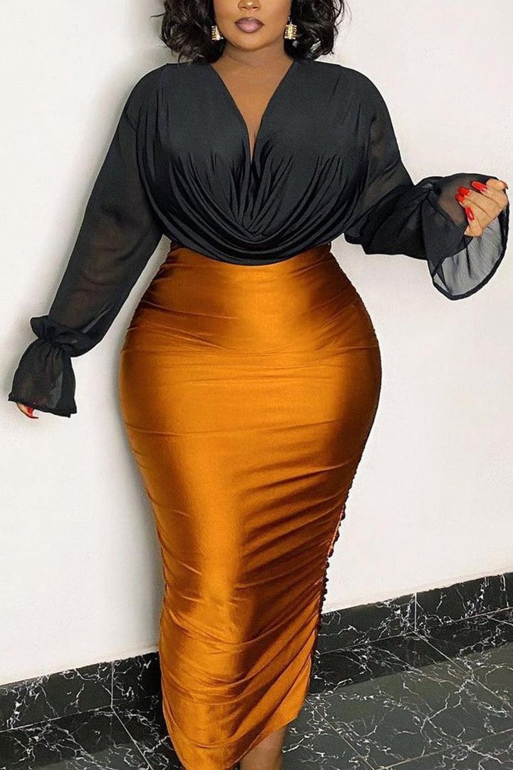 Xpluswear Plus Size Casual Gold Ruched Bodycon Skirt[Pre-Order]