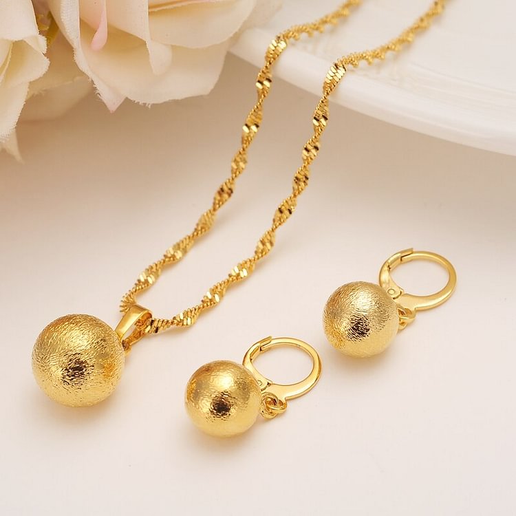 24k Gold Color Bead Jewelry sets necklace Round Ball pendant Earrings for Women