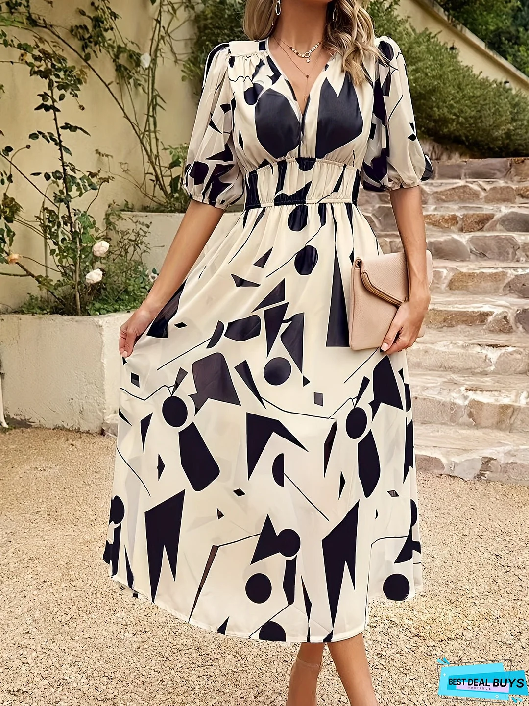 Floral Print V Neck Dress, Boho Short Sleeve Ruched Waist Dress For Spring & Summer, Women's Clothing