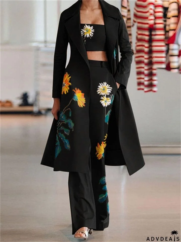 Floral Printed Long Coat Tank Top Pants Outfits 3 Pieces Sets