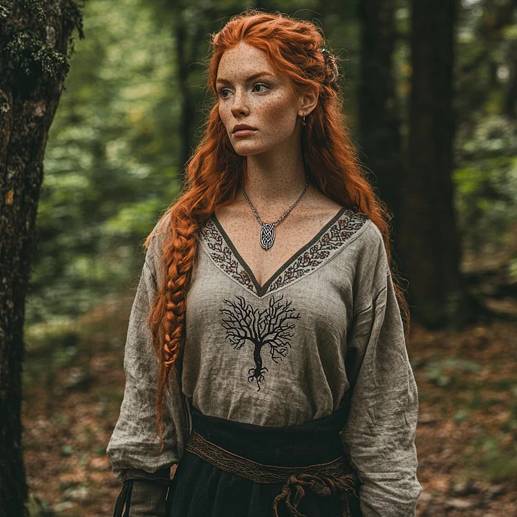 Vintage Tribal Viking Life Of Tree Embroidery Art Cotton And Linen V-neck Loose Shirt