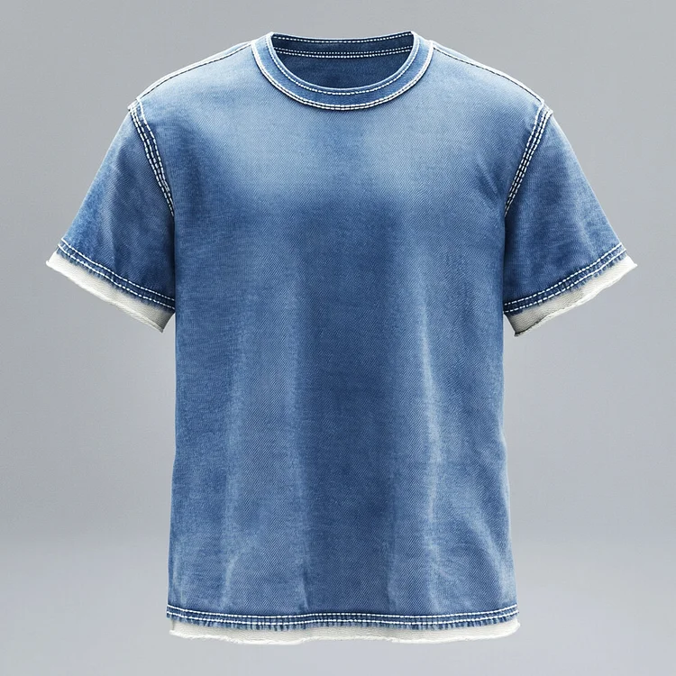 Men's Round Neck Patchwork Short Sleeve Denim T-Shirt
