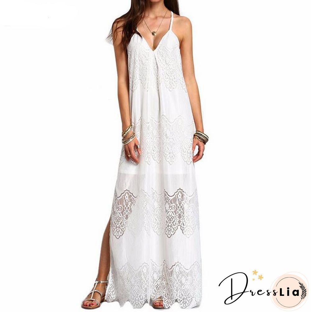 Vacation Spaghetti Strap Mesh Lace Side Split Maxi Beach Dresses Cover Ups