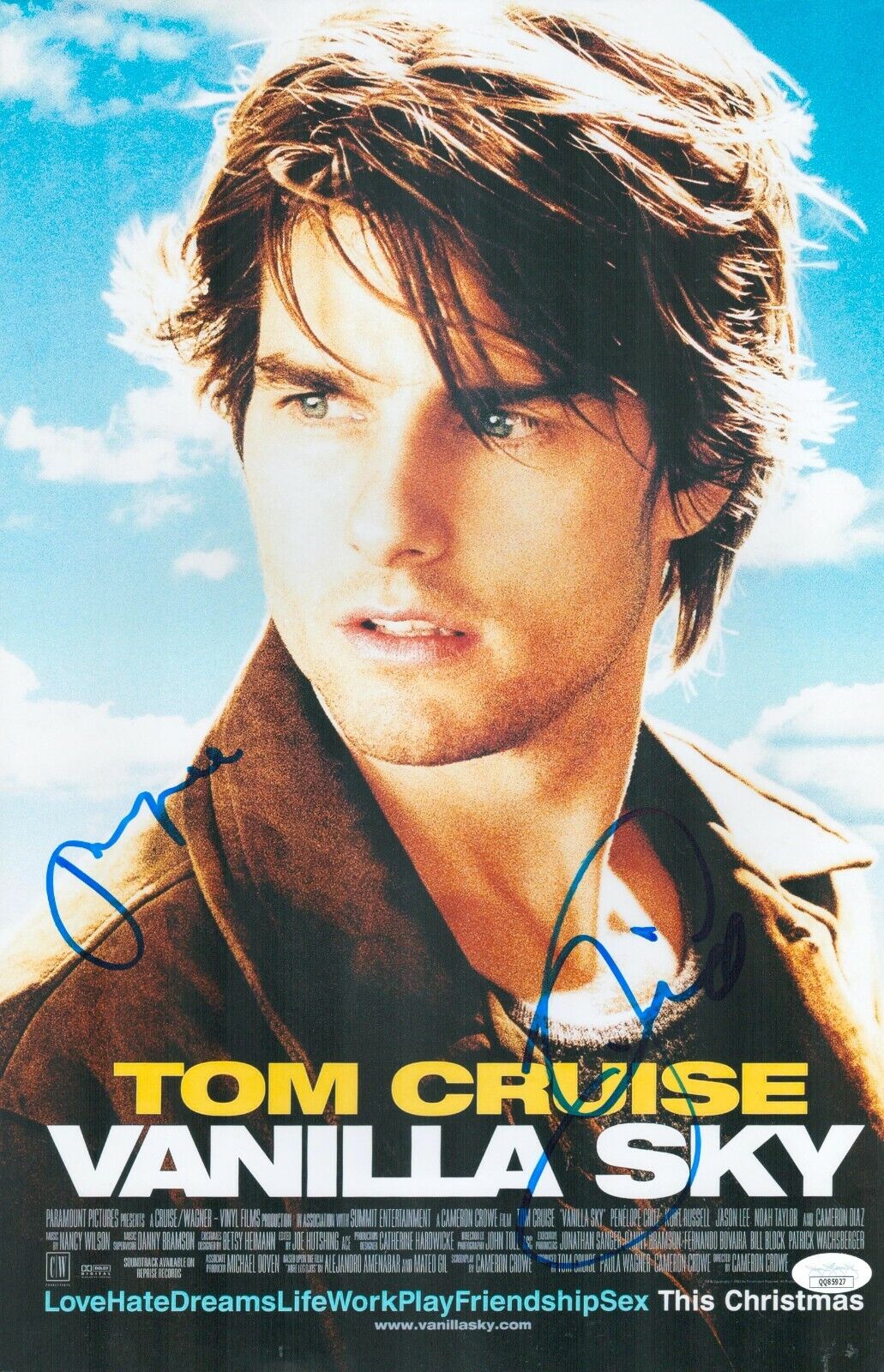 Tom Cruise Jason Lee Hand Signed 11x17 Vanilla Sky Authentic Autograph JSA COA