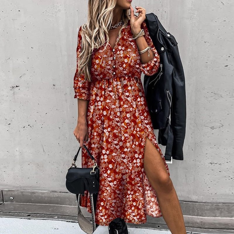 Women Floral Print V Neck Side Slit Party Dress Spring Autumn Long Sleeve Elegant Ladies Sexy Elastic Waist Slim Dress Vestidos