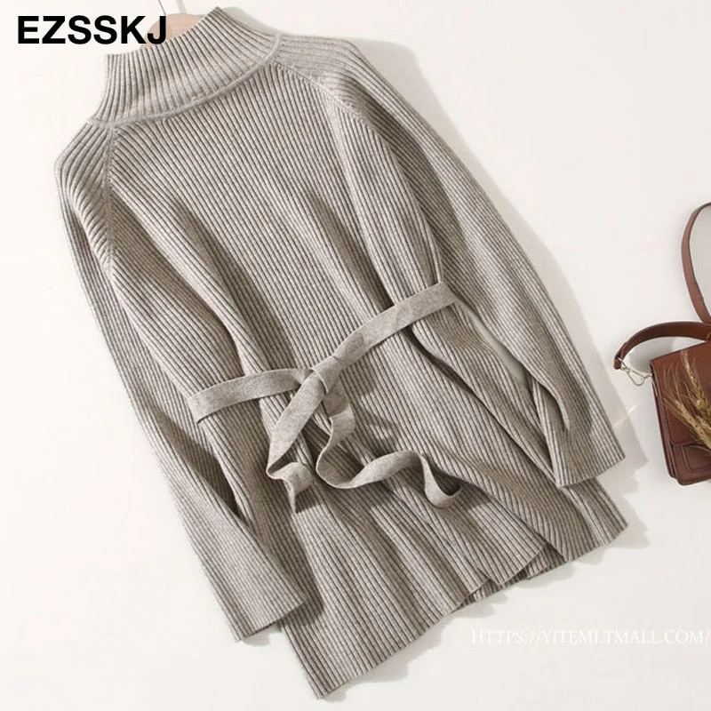 thick warm chic oversize Sweater Pullover Women  winter autumn Female 2021 sweater loose long sleeve casual sweater with sash